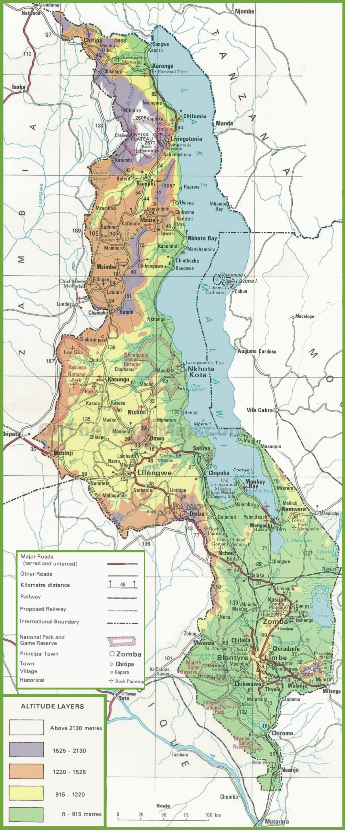 mapa fizički mapu Malavi